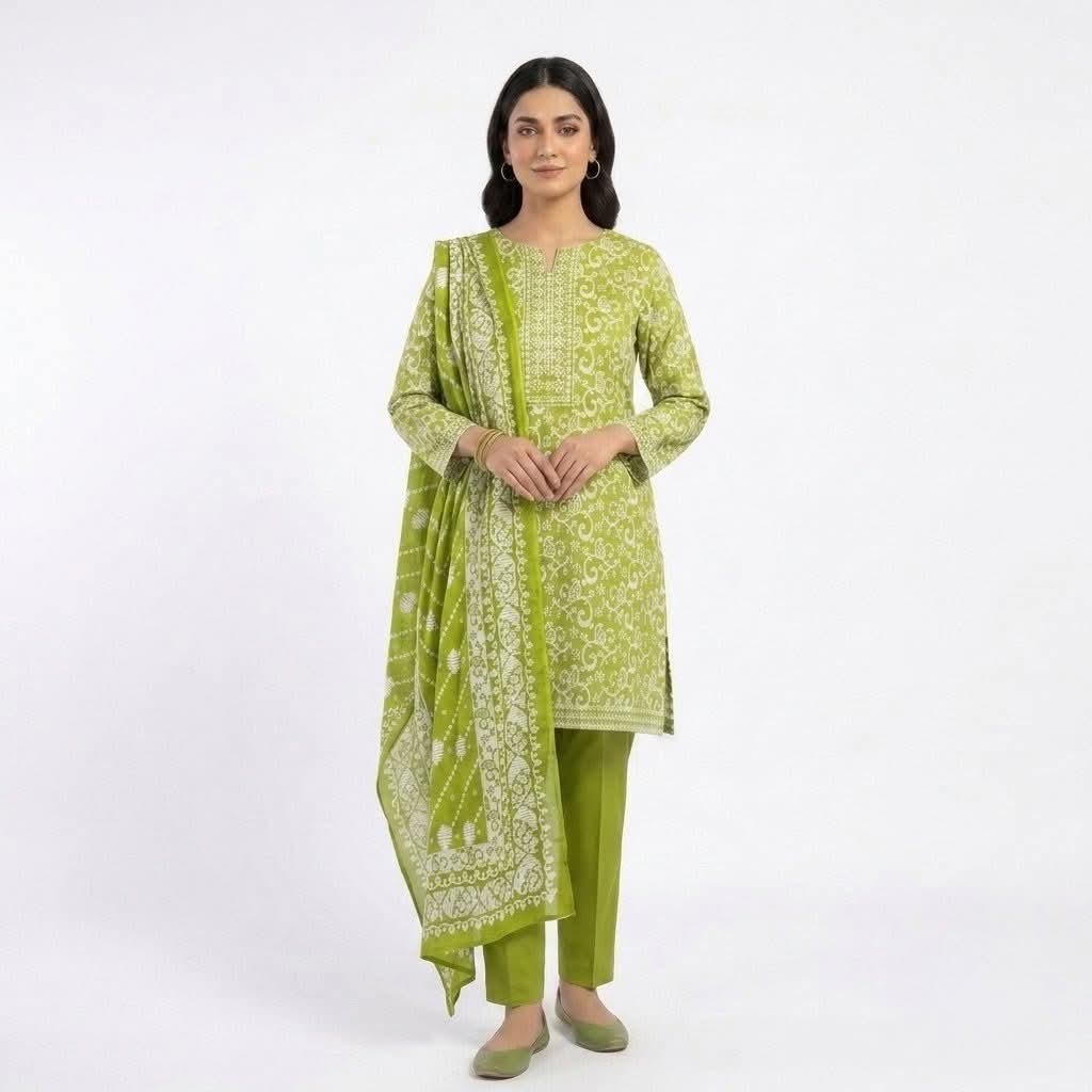 Model wearing olive green printed cotton three piece dress with matching printed dupatta