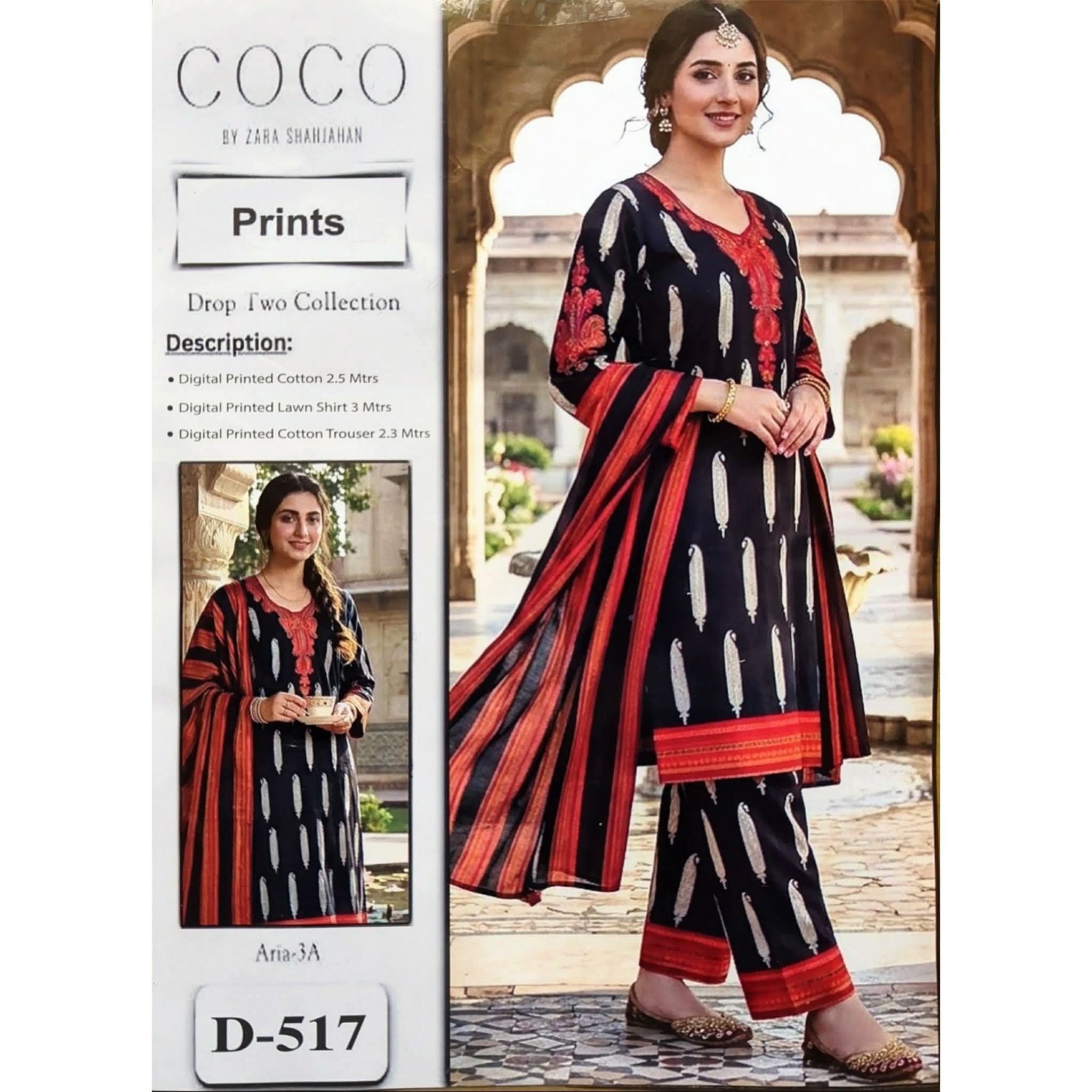 Pakistani Digital Printed Lawn Cotton Three Piece Suit in Black and Red (Design D-517)